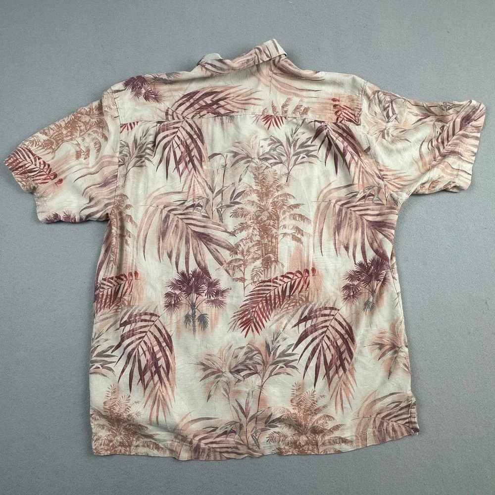 Tommy Bahama Silk Shirt Mens Medium Tan Palm Print Tropical Camp Aloha Button Up